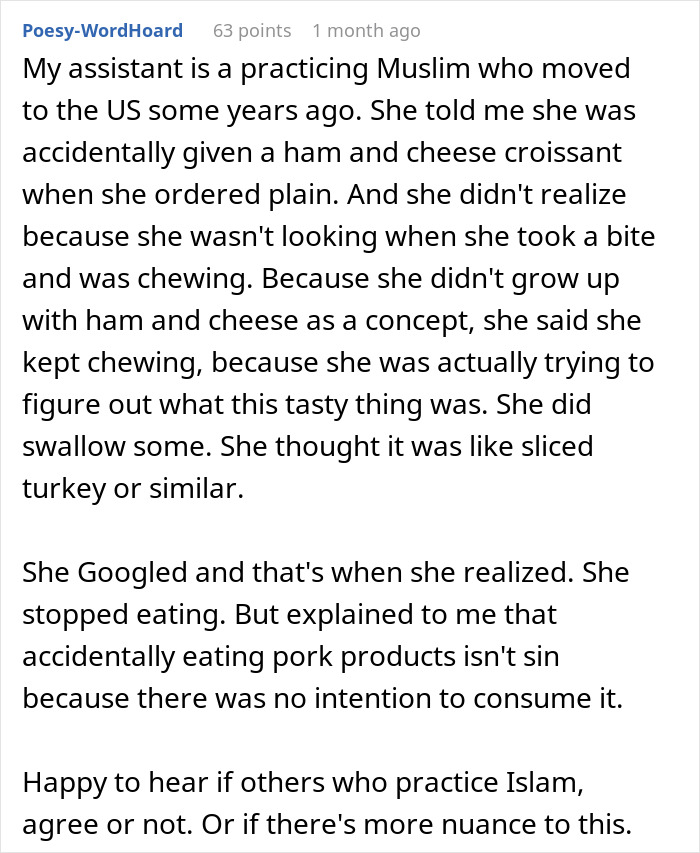A Reddit post describing a Muslim roommate unknowingly eating food with bacon fat, sparking a discussion.
