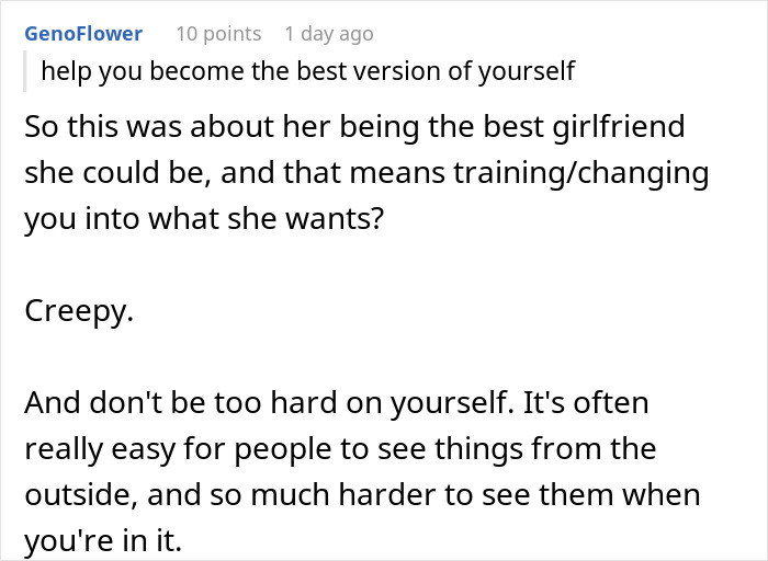 Alt text: Online comment discussing feeling like a science experiment in a relationship with a girlfriend who tracks every word.