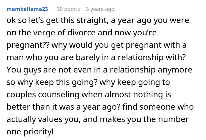 Commenter questions pregnancy and relationship status as husband neglects pregnant wife for his chosen family, urging her to choose.
