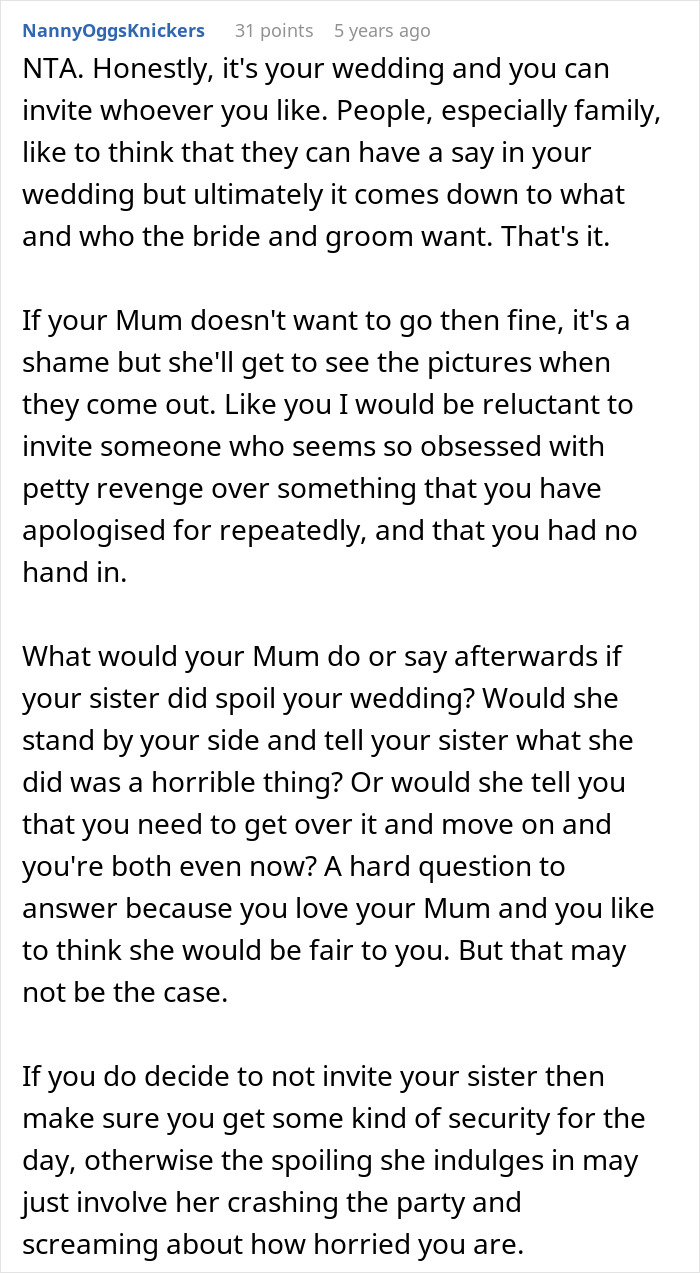 Comment discussing worries about sister sabotaging wedding due to past incident and considering uninviting her for peace.