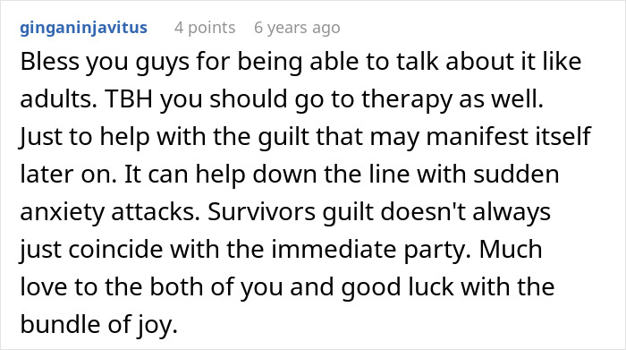 Comment discussing therapy and guilt related to a woman wanting unborn son named after late ex, with drama ensuing. Comment discussing therapy and guilt related to a woman wanting unborn son named after late ex, with drama ensuing.