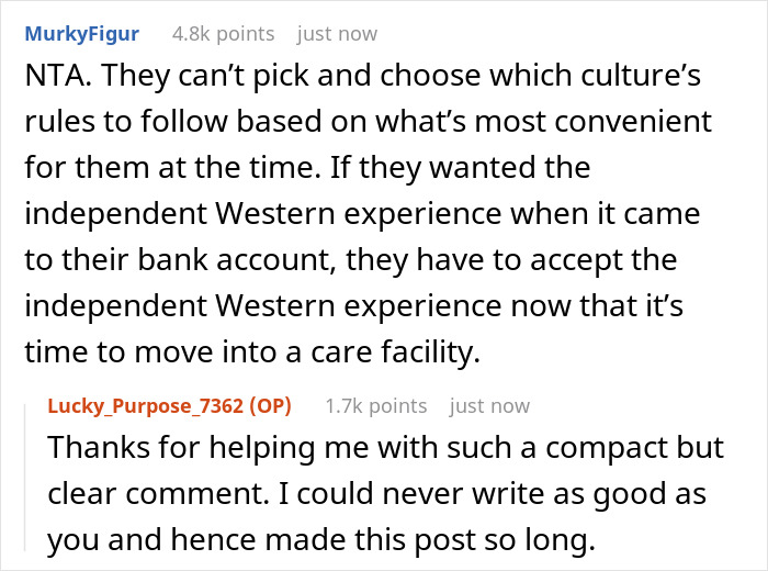 Reddit conversation about couple pushing son to be independent at 18 and his refusal to support them later in life.