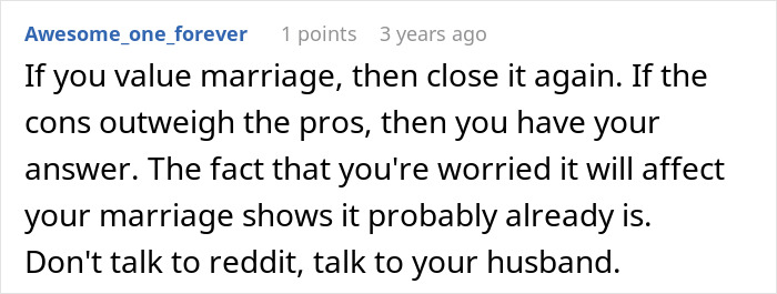 Comment discussing marriage advice and communication after husband proposes open marriage, highlighting refusal to close it. Comment discussing marriage advice and communication after husband proposes open marriage, highlighting refusal to close it.