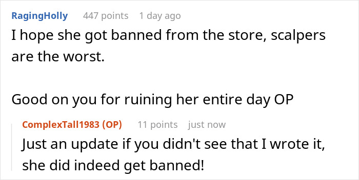 Reddit conversation discussing a scalper banned from store and taken by police after conflict over bulk items. Reddit conversation discussing a scalper banned from store and taken by police after conflict over bulk items.