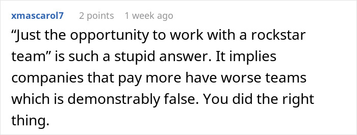 A Reddit comment criticizing a company's job offer, supporting a job candidate who hangs up mid-interview.