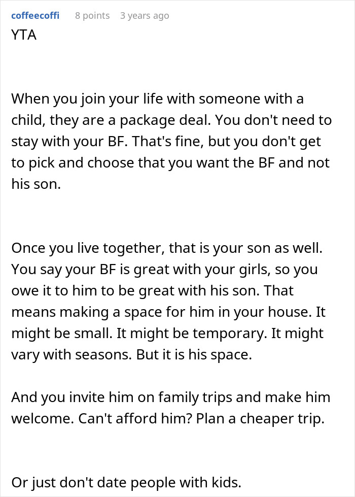 Comment discussing woman paying for family vacation and deciding stepson isn&rsquo;t included because he wouldn&rsquo;t enjoy it