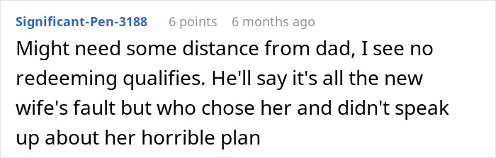 A Reddit comment about a father's fault in the entitlement issue with his new wife at the main wedding table.
