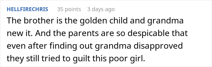 Comment discussing family conflict as bro demands sis give up beloved heirloom ring for his proposal, calling her selfish.