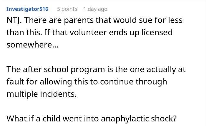 Comment discussing parent noticing kid received wrong food and volunteer getting fired over incident in after school program.