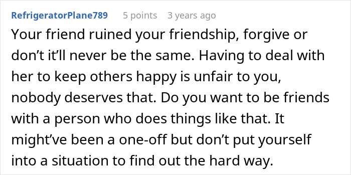 Comment discussing friendship betrayal and advice on not ruining a friendship over issues involving a boy.