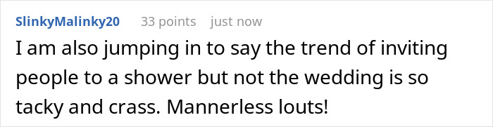 A Reddit comment criticizing the trend of inviting people to showers but not the Christian bride's wedding, deeming it tacky.