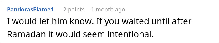 A Reddit comment about telling a Muslim roommate about bacon fat usage to avoid intentional offense.