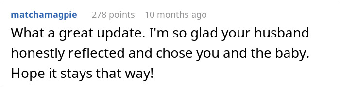 Comment praising husband who neglected pregnant wife after finding chosen family but later made a choice for her and the baby.