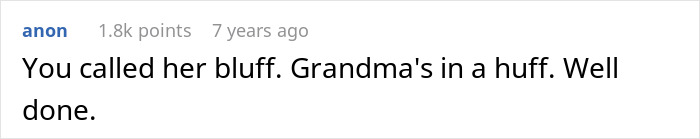 Uma leitura da captura de tela da seção de comentários, "Você a chamou de blefe. A vovó está furiosa. Bom trabalho." Isso está relacionado ao tópico de não bater.