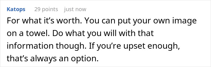 A comment on a screen suggests custom image towels, relevant to the Christian bride excluding Muslim friend wedding registry story.