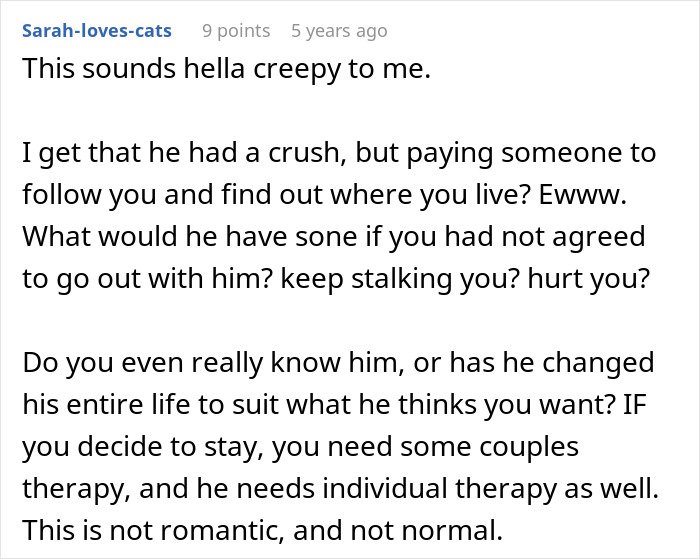 Reddit comment discussing a man's creepy confession and its impact on a girlfriend questioning their relationship.