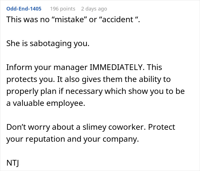 Text message warning about sabotage at work, advising to inform manager to protect reputation and company.
