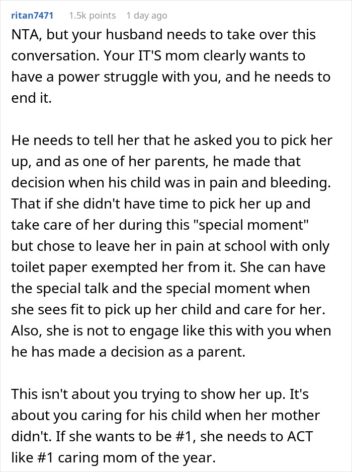 Text from Reddit discusses a cruel mom and a stepmom intervening for a 10YO girl getting her period.