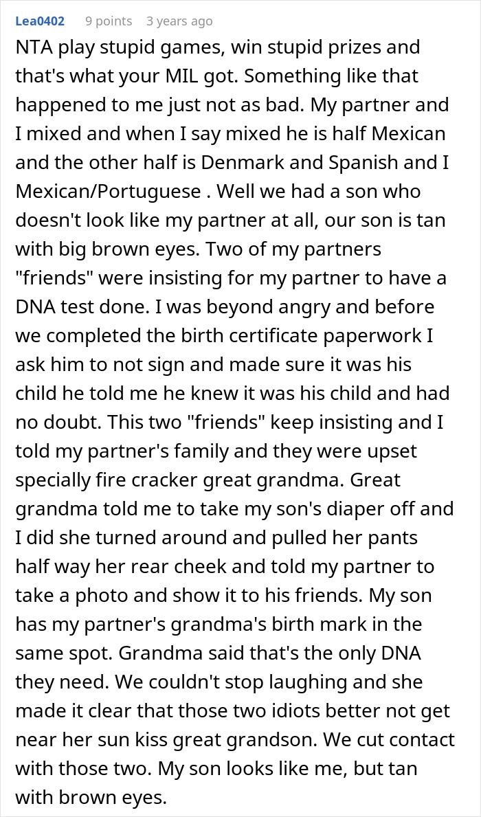 A Reddit post with text describing a DNA test unraveling a mother-in-law's dark secret about a child's paternity.