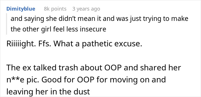 Comment criticizing excuse for behavior and praising moving on
