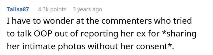 Comment questioning advice against reporting sharing of intimate photos