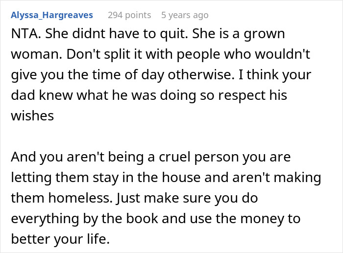 Comment defending estranged dad leaving inheritance solely to daughter, opposing stepmom's equal share demand.