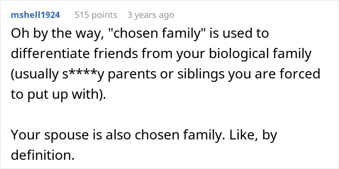 Comment explaining chosen family concept and stating spouse is also considered chosen family by definition in a text post.
