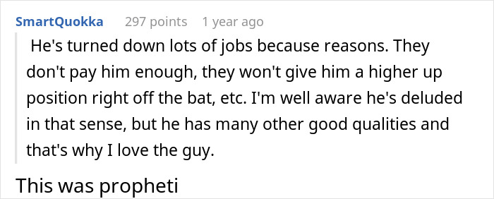 Screenshot of an online comment discussing a man judging his best friend’s job as a server being low but not low enough to ask for money. Screenshot of an online comment discussing a man judging his best friend’s job as a server being low but not low enough to ask for money.