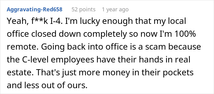 Comment text expressing frustration over commuting after work-from-home was canceled and concerns about office reopening scams. Comment text expressing frustration over commuting after work-from-home was canceled and concerns about office reopening scams.