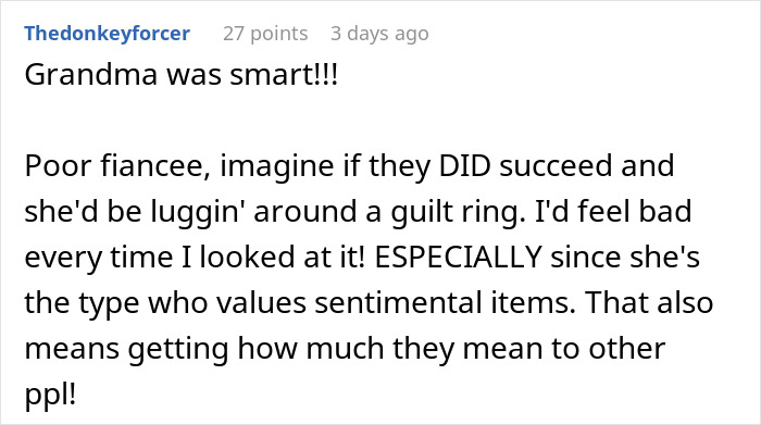 Screenshot of a forum comment discussing a bro demanding sis give up beloved heirloom ring for his proposal and calling her selfish.