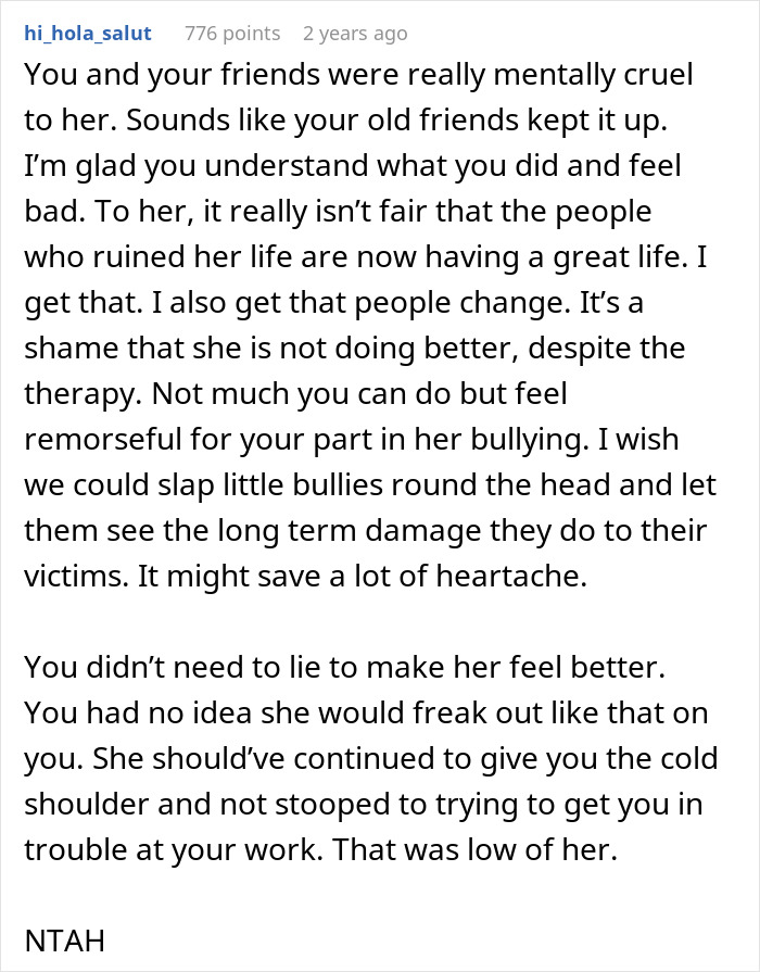Comment discussing remorse and long-term effects of bullying involving a book store manager and school bully. Comment discussing remorse and long-term effects of bullying involving a book store manager and school bully.