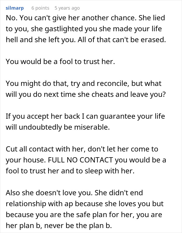 A Reddit comment advising a husband not to reconcile with his wife after her affair and to proceed with the divorce.