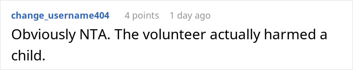 Screenshot of a Reddit comment stating the volunteer harmed a child after a parent noticed the kid received wrong food.