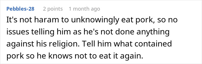 Reddit comment advising that a Muslim roommate unknowingly eating bacon fat is not Haram, and the person should tell him.