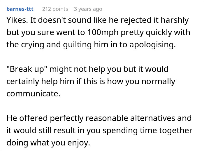 Screenshot of a Reddit comment discussing a woman buying concert tickets for her boyfriend who loves bands and his emotional reaction.