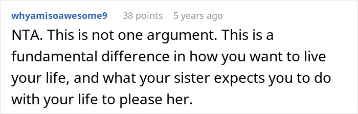 Comment about a sister making another adopt her kid and controlling her life choices in a family dispute discussion.