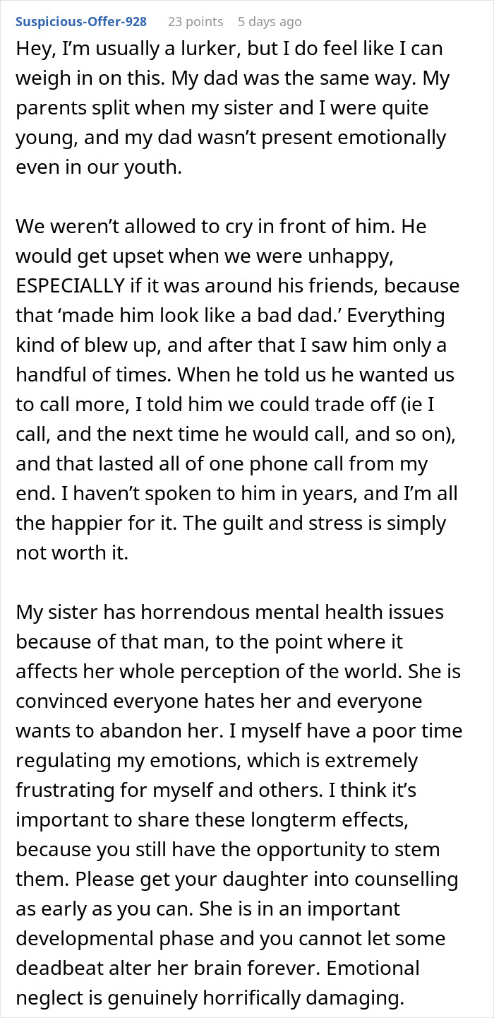 Comment text discussing a teen confronting dad after forgetting her birthday and his emotionally neglectful response. Comment text discussing a teen confronting dad after forgetting her birthday and his emotionally neglectful response.