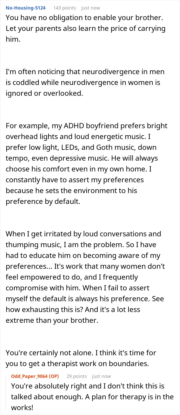 Reddit conversation discussing the challenges of driving an autistic brother without receiving gratitude or support. Reddit conversation discussing the challenges of driving an autistic brother without receiving gratitude or support.