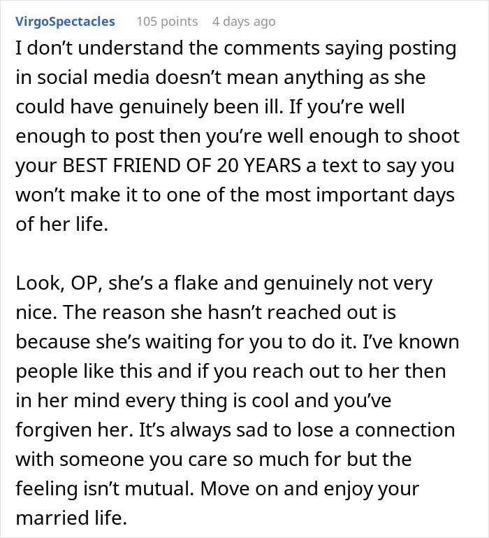 A Reddit comment discusses a best friend skipping a wedding, advising the bride to move on from the heartbreak.