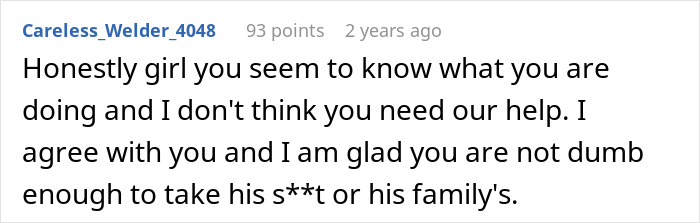 A Reddit comment supports a woman in a donor baby situation, praising her for handling the family issue well.