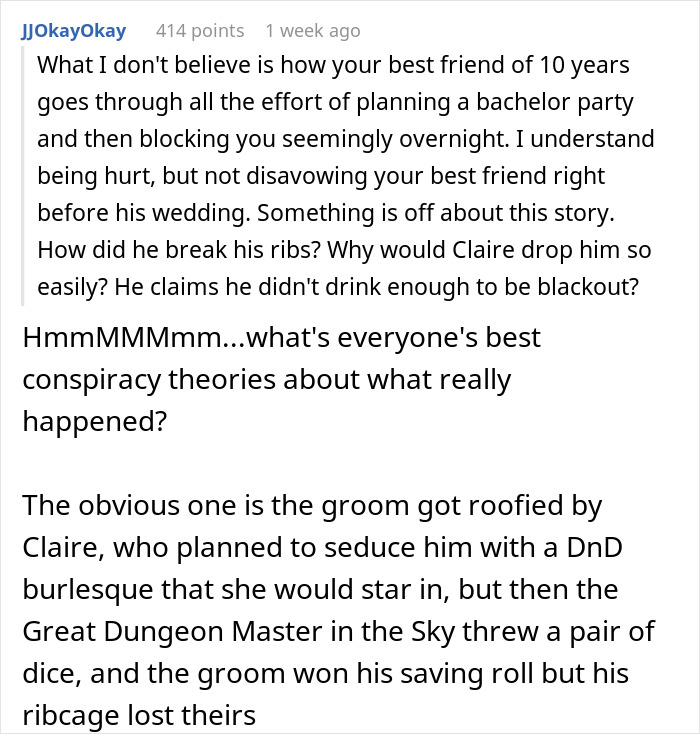 Comment discussing a friend’s wedding drama involving cheating and removal demands from the event. Comment discussing a friend’s wedding drama involving cheating and removal demands from the event.