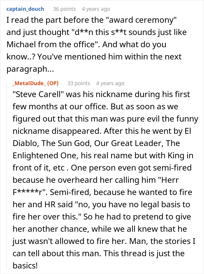 Reddit comments discussing a horrible boss and an employee's perfect revenge, recounting a*****e workplace stories.