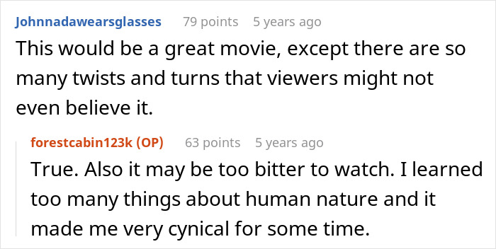 Reddit user discussing a movie plot about cheating and scamming with unexpected twists and human nature insights.