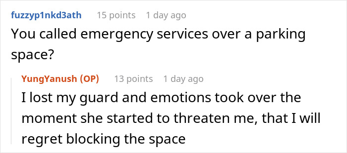 Screenshot of a forum discussion where a man explains his emotions during a parking spot fight involving the police.