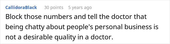 Screenshot of an online comment criticizing a doctor for discussing personal business, reflecting shock at mom&rsquo;s creepy behavior.