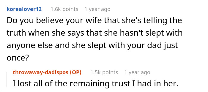 A Reddit screenshot, showing a user asking if the original poster believes his wife regarding sleeping with his dad. Focuses on wife betrayal.