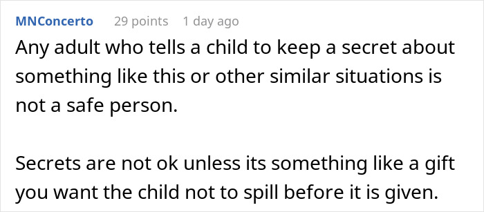 Comment discussing the issue of a parent telling a child to keep a secret about receiving food they were not supposed to get.