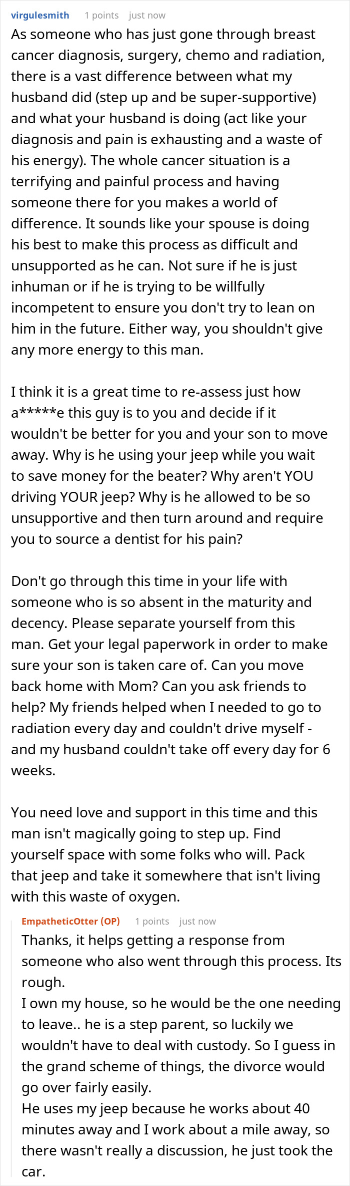 A wife heartbroken by her cervical cancer diagnosis seeks advice online about her unsupportive husband's toothache excuse.