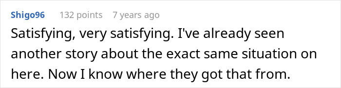 A Reddit comment by Shigo96, 7 years ago, with 132 points: "Satisfying, very satisfying." The user discusses seeing similar stories about a Food Thief, hinting at a lesson for the coworker's iced sweet tea.