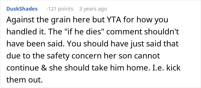A Reddit comment about a disruptive kid and toxic mom, suggesting how to handle the situation better.